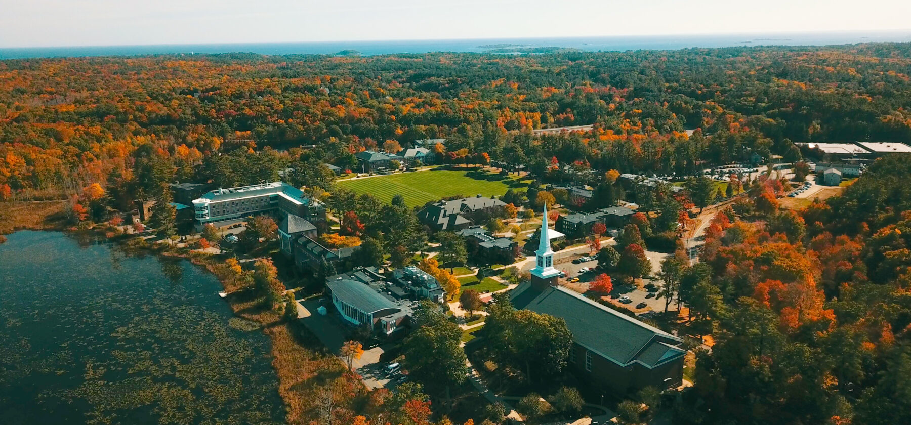 Aerial view of Gordon, a college in New England, in the fall.