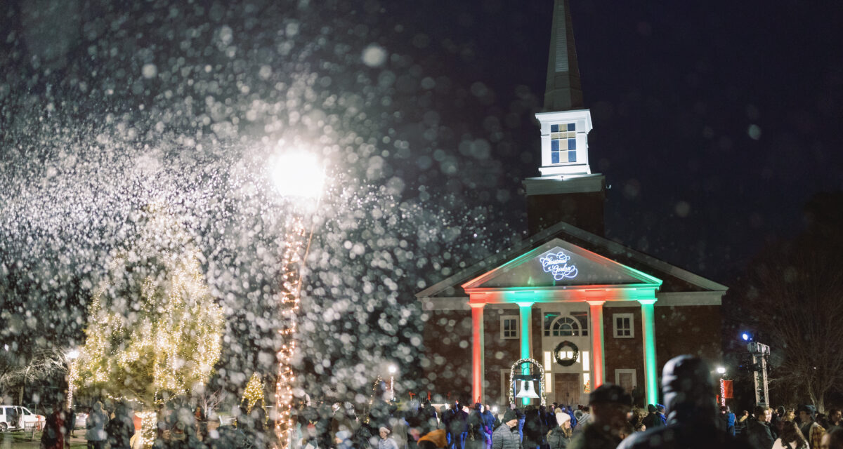 Snowflakes fall on the Chapel at Christmas at Gordon.