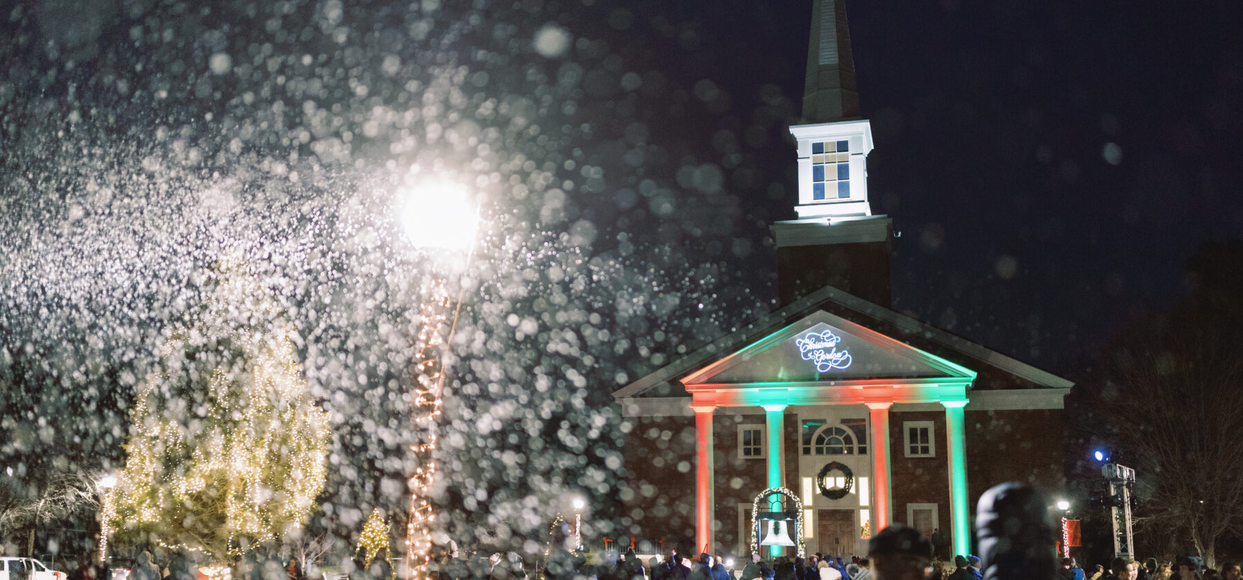 Snowflakes fall on the Chapel at Christmas at Gordon.