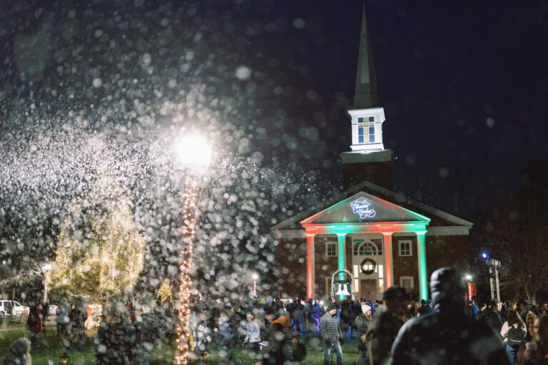 Snowflakes fall on the Chapel at Christmas at Gordon.